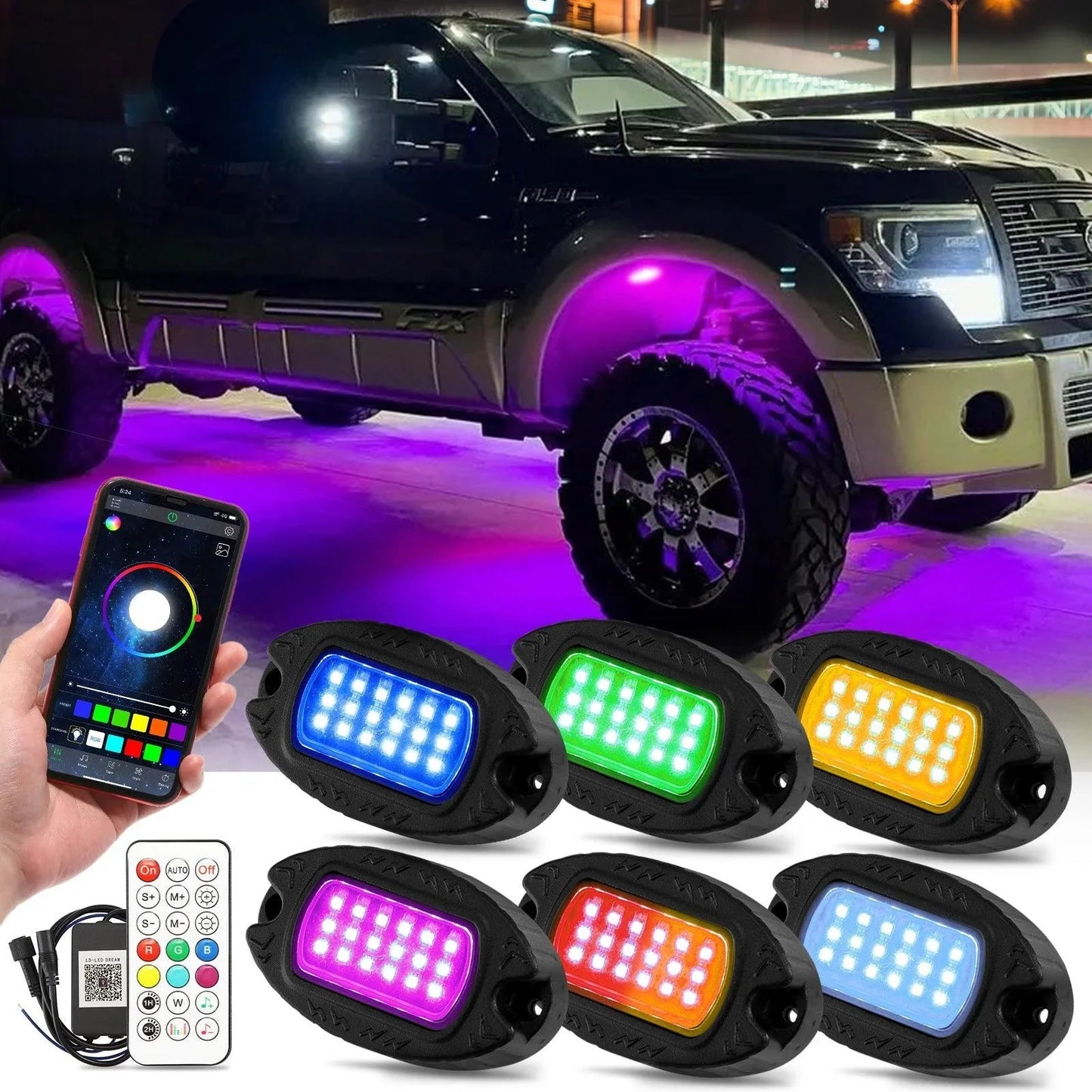 RGB LED Rock Lights Kit avec Bluetooth APP & Télécommande sans fil, Multicolor Neon Underglow Lights avec Brake Light Functi…