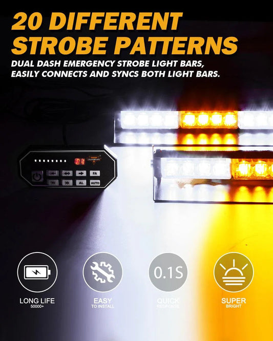 17″ Dual pare-brise Dash stroboscopique Barres lumineuses 20 clignotant motifs avec Suction Cup Mount pour véhicules camions