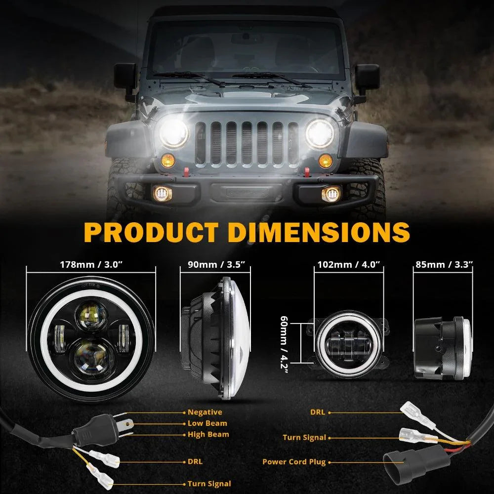 7 Inch LED Headlights + 4 Inch LED Fog Lights Set avec Halo DRL clignotant High Low Beam pour Jeep Wrangler JK JKU TJ LJ Rub…