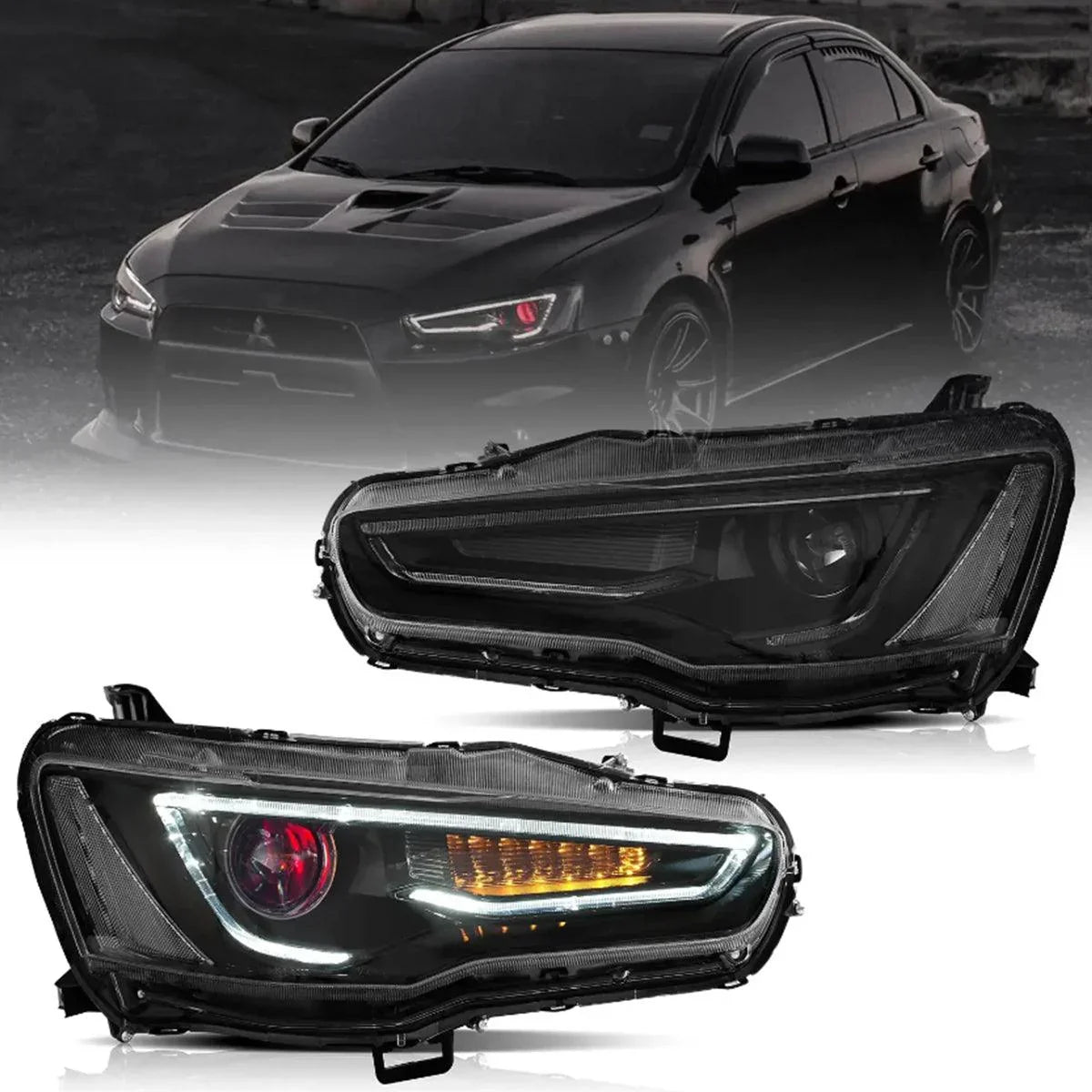LED bloc optique avant Dual Beam Projector avec Demon Eyes noir pour 2008-2017 Mistubishi Lancer 9th Gen Evo X GSR 10th Gen(…