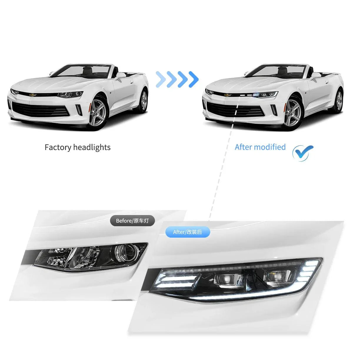 LED bloc optique avant Dual Beam Projector noir Welcome/Breath & Back and Forth Function pour 2016-2018 Chevrolet Camaro & 2…