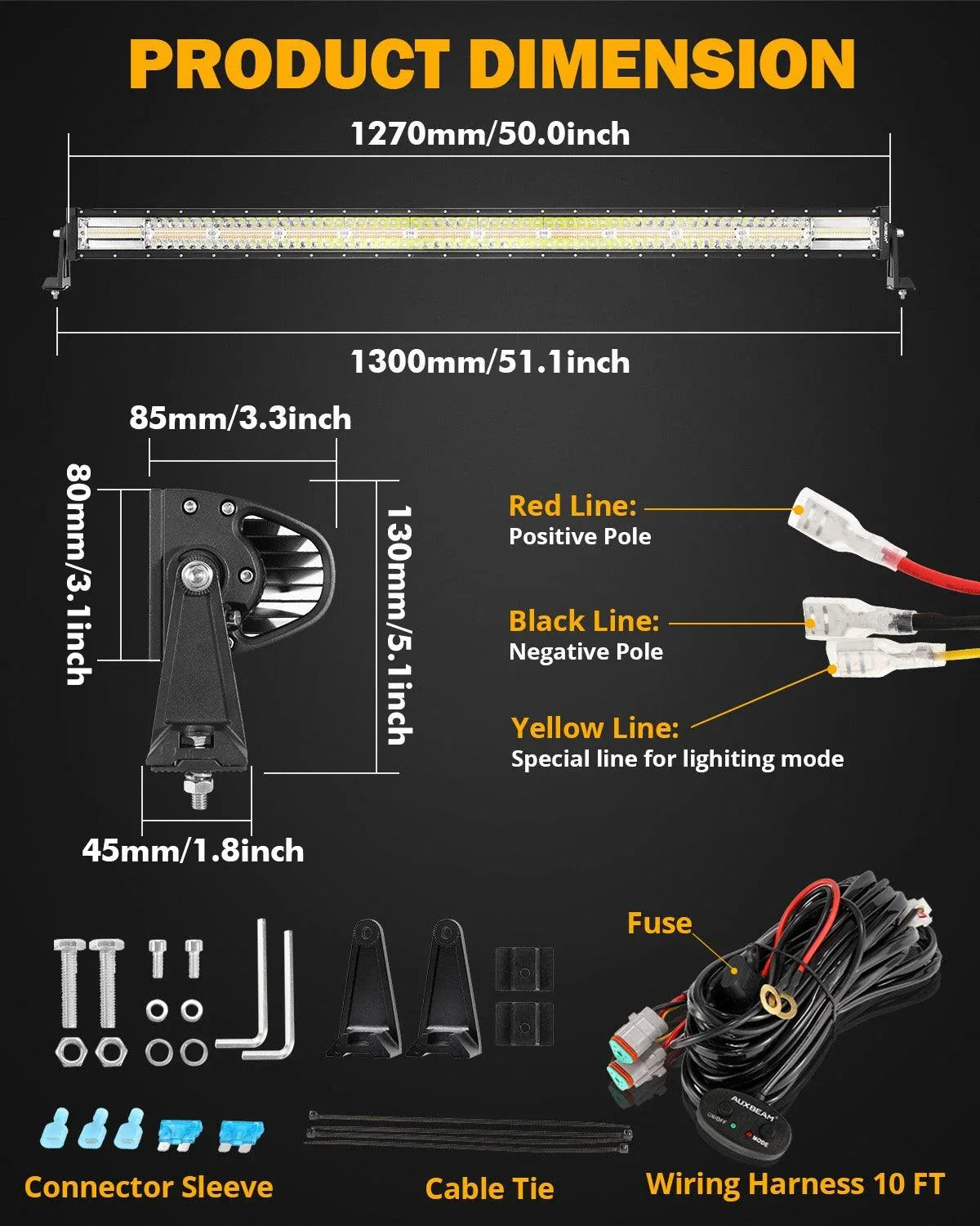50 Inch 6 Modes blanc&orange Straight Off Road Barres LED – vue 7