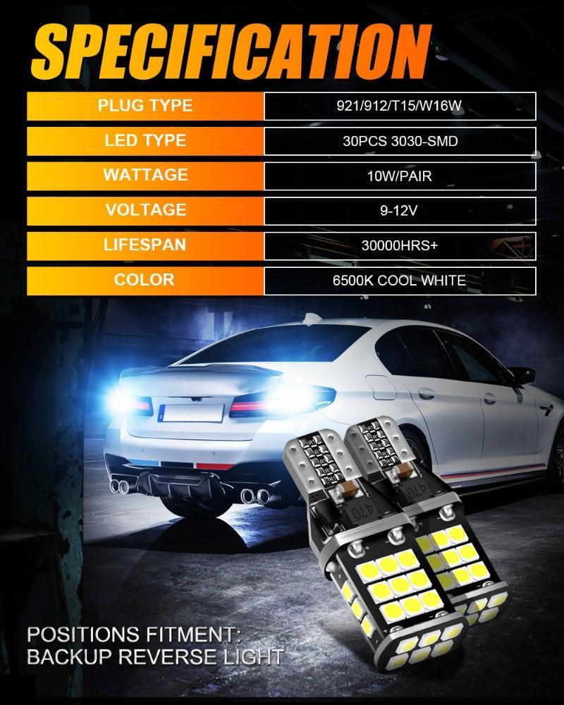 912 921 T15 W16W Ampoules LED pour recul, stop et feux arrière 10W 300% haute luminosité sans erreur CAN-bus 6500K blanc – 2…