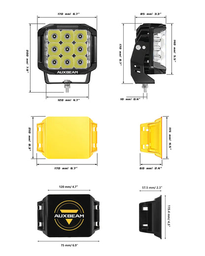 V-MAX série | 7″ 228 W 26 100 lm faisceau combiné éclairage latéral LED carré projecteurs LED compacts avec orange