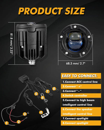 2.5″ moto LED spot Bi-LED lentille projecteur phare 130 W 6 000 K Feux de travail LED 5 modes d’éclairage pour moto SUV ATV