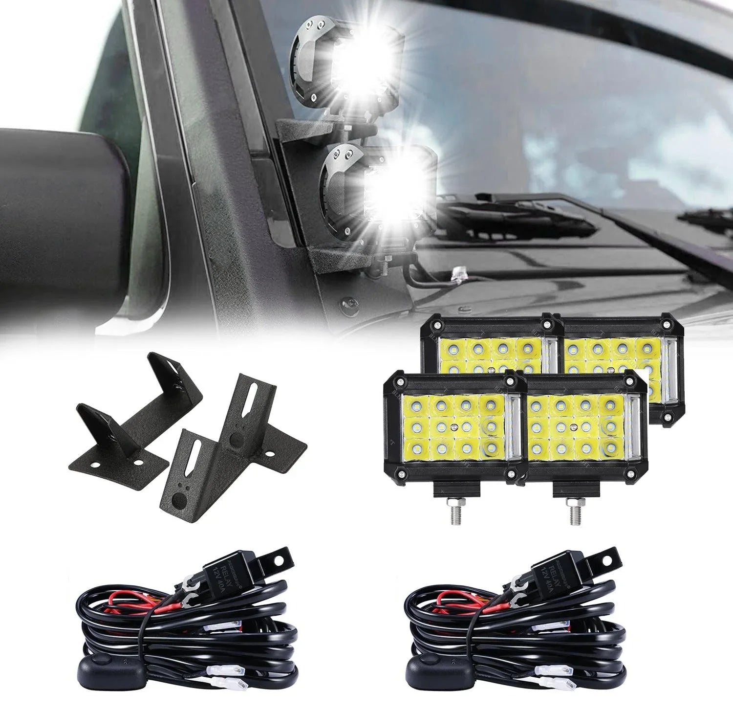 4pcs 4" LED PODS faisceau combiné & Dual A-Pillar Light Lower Windshield Hinge Mounting Brackets pour Jeep Wrangler JK 2DR/4…