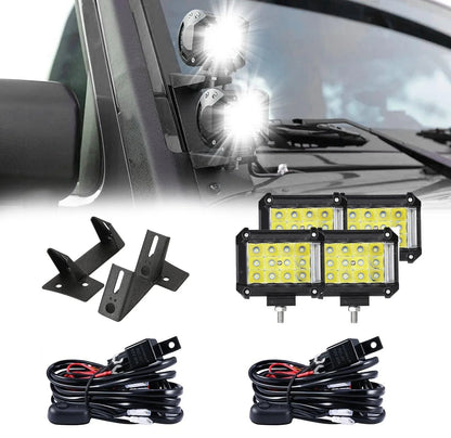 4 pièces 4″ projecteurs LED compacts faisceau combiné & Dual montant A supports inférieurs sur charnière de pare-brise pour
