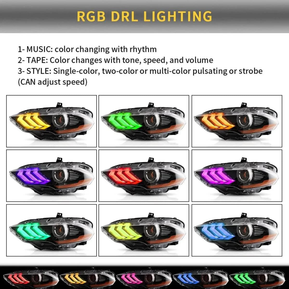 LED bloc optique avant RGB Dual Beam Projector pour 2018-up Ford Mustang 6th Gen noir – vue 6
