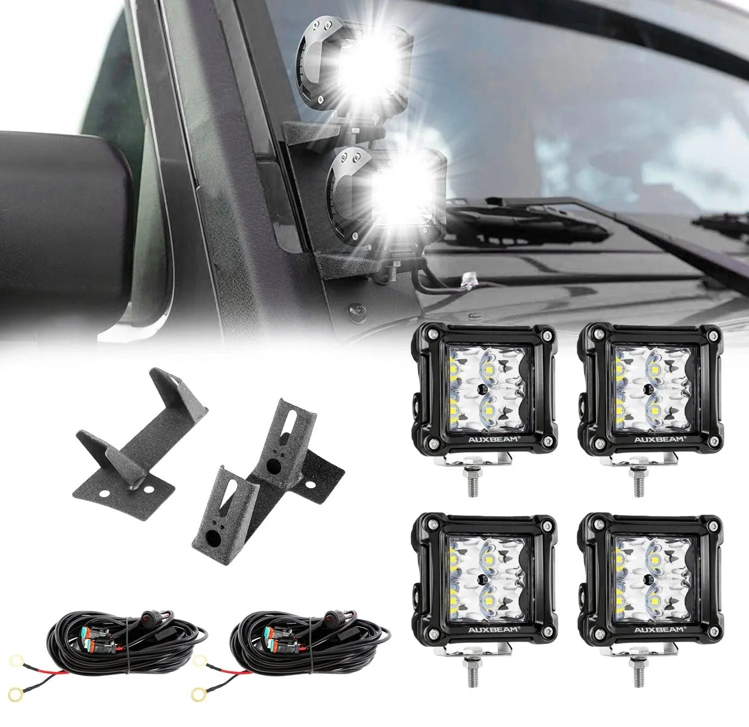 4pcs 3" SPOT PODS & Dual A-Pillar Light Lower Windshield Hinge Mounting Brackets pour Jeep Wrangler JK 2DR/4DR 2007~2017