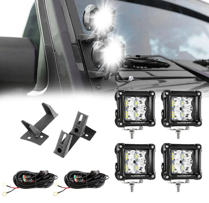 4 pièces 3″ SPOT projecteurs LED compacts & Dual montant A supports inférieurs sur charnière de pare-brise pour Jeep Wrangler