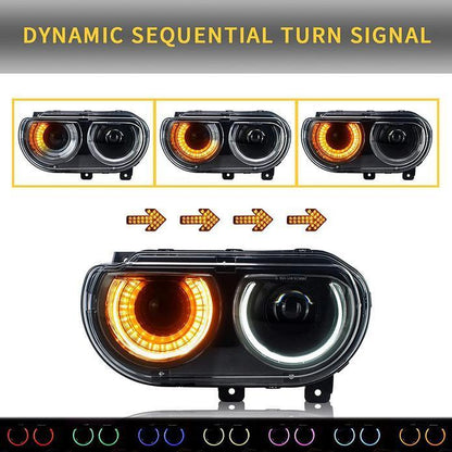 LED bloc optique avant RGB Style projecteur double faisceau noir pour 2008–2014 Dodge Challenger 3th Gen Pre-Facelift – vue