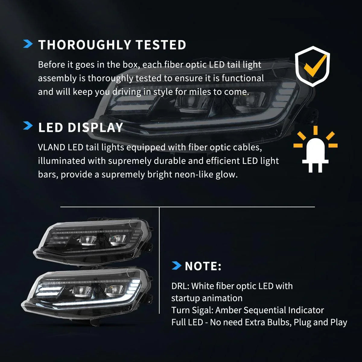 LED bloc optique avant Dual Beam Projector noir Welcome/Breath & Back and Forth Function pour 2016-2018 Chevrolet Camaro & 2…