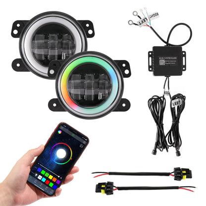 Lot de 2 4″ LED antibrouillards avec RGB anneau Halo & clignotant, Bluetooth commande pour Jeep Wrangler JK 2007–2017 – vue