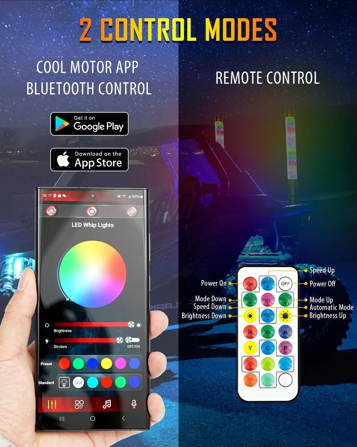 New 1.9FT LED RGB Whip Lights avec clignotant & Brake Light, Bluetooth APP/ Remote Control – vue 3
