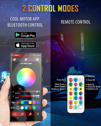 New 1.9FT LED RGB fouets LED avec clignotant & feu stop, Bluetooth APP/ télécommande – vue 3 – NOVADOMIO
