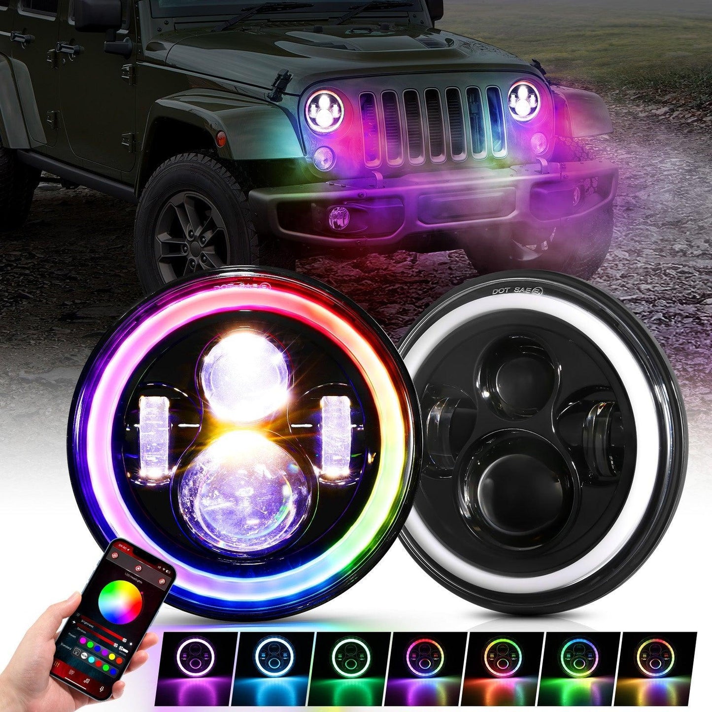Upgraded 7 Inch Round LED Headlight avec RGB Halo Ring pour Jeep Wrangler JK TJ LJ