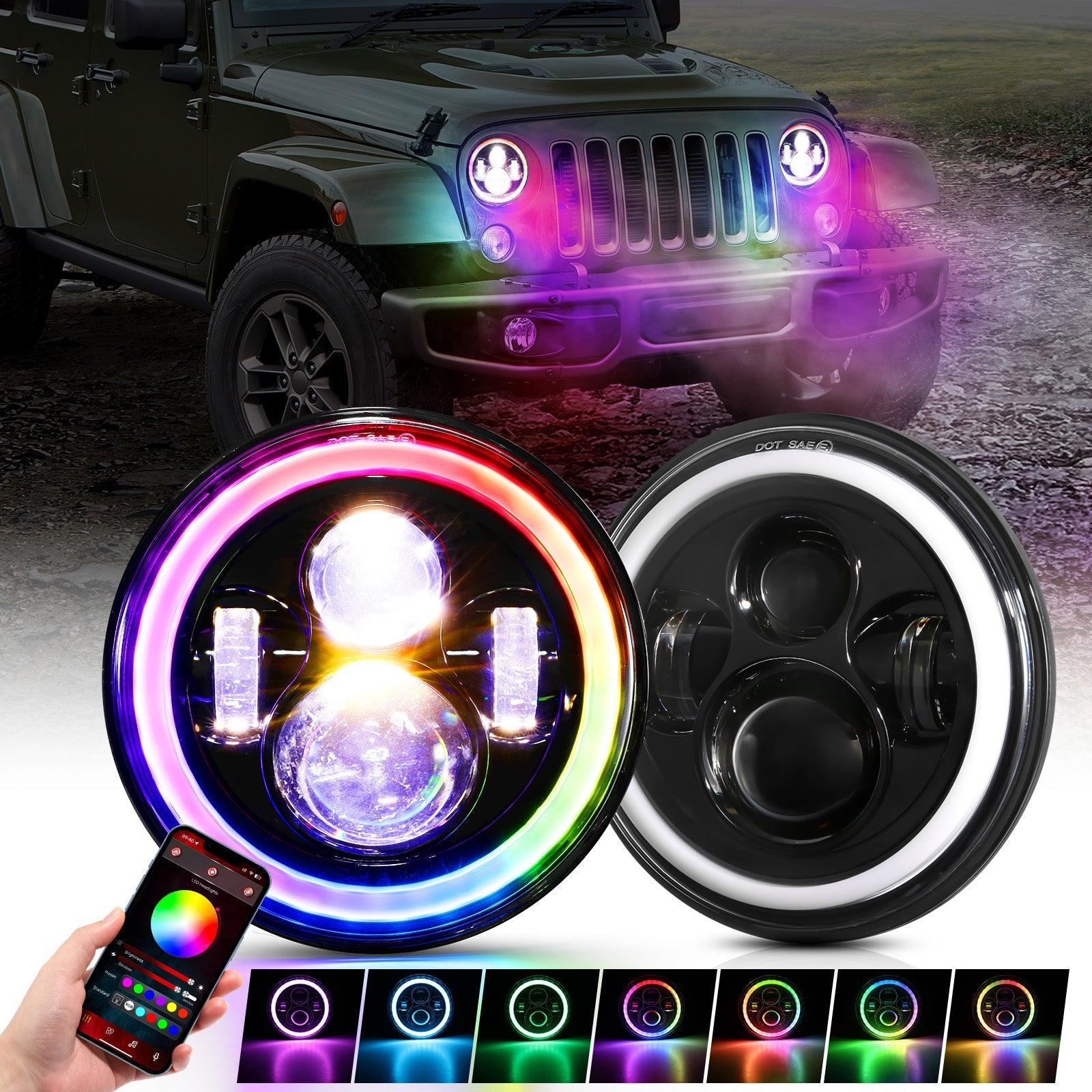 Upgraded 7 Inch Round LED Headlight avec RGB Halo Ring pour Jeep Wrangler JK TJ LJ