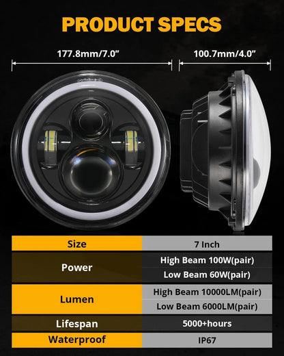 Upgraded 7″ rond LED phare avec RGB anneau Halo pour Jeep Wrangler JK TJ LJ – vue 9 – NOVADOMIO