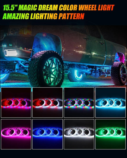Lot de 4 15.5″ RGB LED anneaux LED de roue Magic Dream couleur éclairage néon de jante avec APP & RF télécommande – vue 2