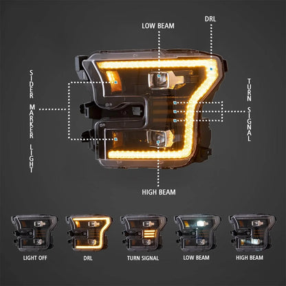 LED bloc optique avant projecteur double faisceau noir pour 2015–2017 Ford F150 (compatible Factory Halogen Version seule)