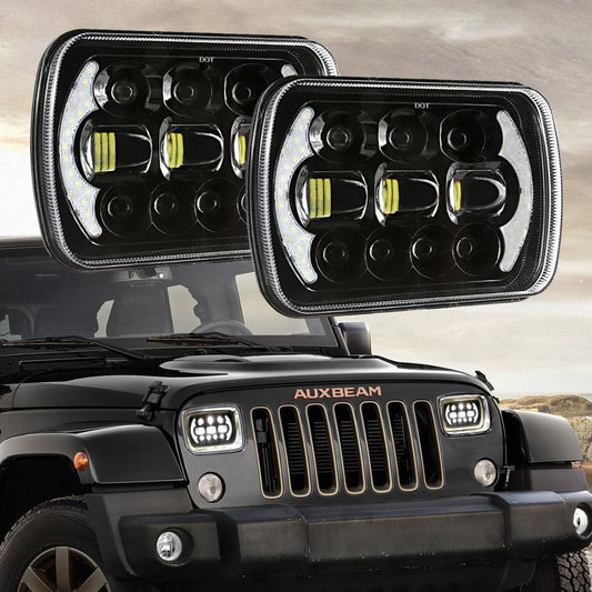 (2pcs/set) 130W 7x6 LED Headlight avec DRL pour Jeep Wrangler YJ XJ MJ/ Ford/ Savana/ Trucks (noir/Chrome)