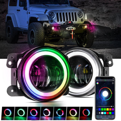 Lot de 2 4″ LED antibrouillards avec RGB anneau Halo & clignotant, Bluetooth commande pour Jeep Wrangler JK 2007–2017