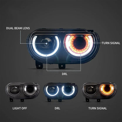 LED bloc optique avant projecteur double faisceau noir pour 2008–2014 Dodge Challenger 3th Gen Pre-Facelift – vue 4