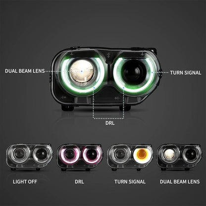 LED bloc optique avant RGB projecteur double faisceau noir pour 2015–2024 Dodge Challenger 3th Gen Facelifted – vue 3