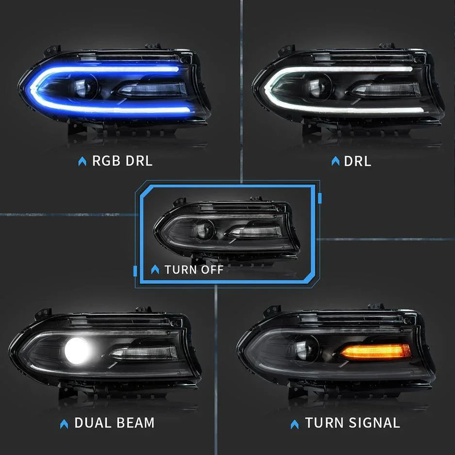 LED bloc optique avant RGB Style Dual Beam Projector noir pour 2015-2023 Dodge Charger 7th Gen(LD) – vue 4