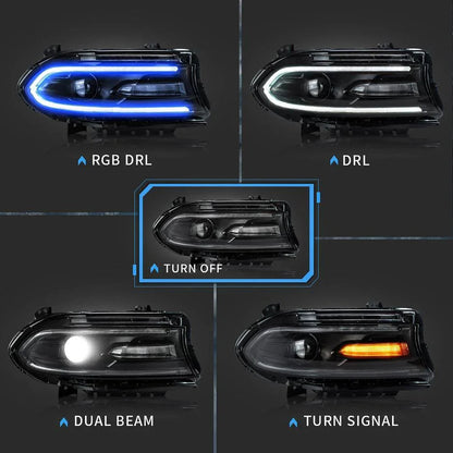 LED bloc optique avant RGB Style projecteur double faisceau noir pour 2015–2023 Dodge Charger 7th Gen (LD) – vue 4