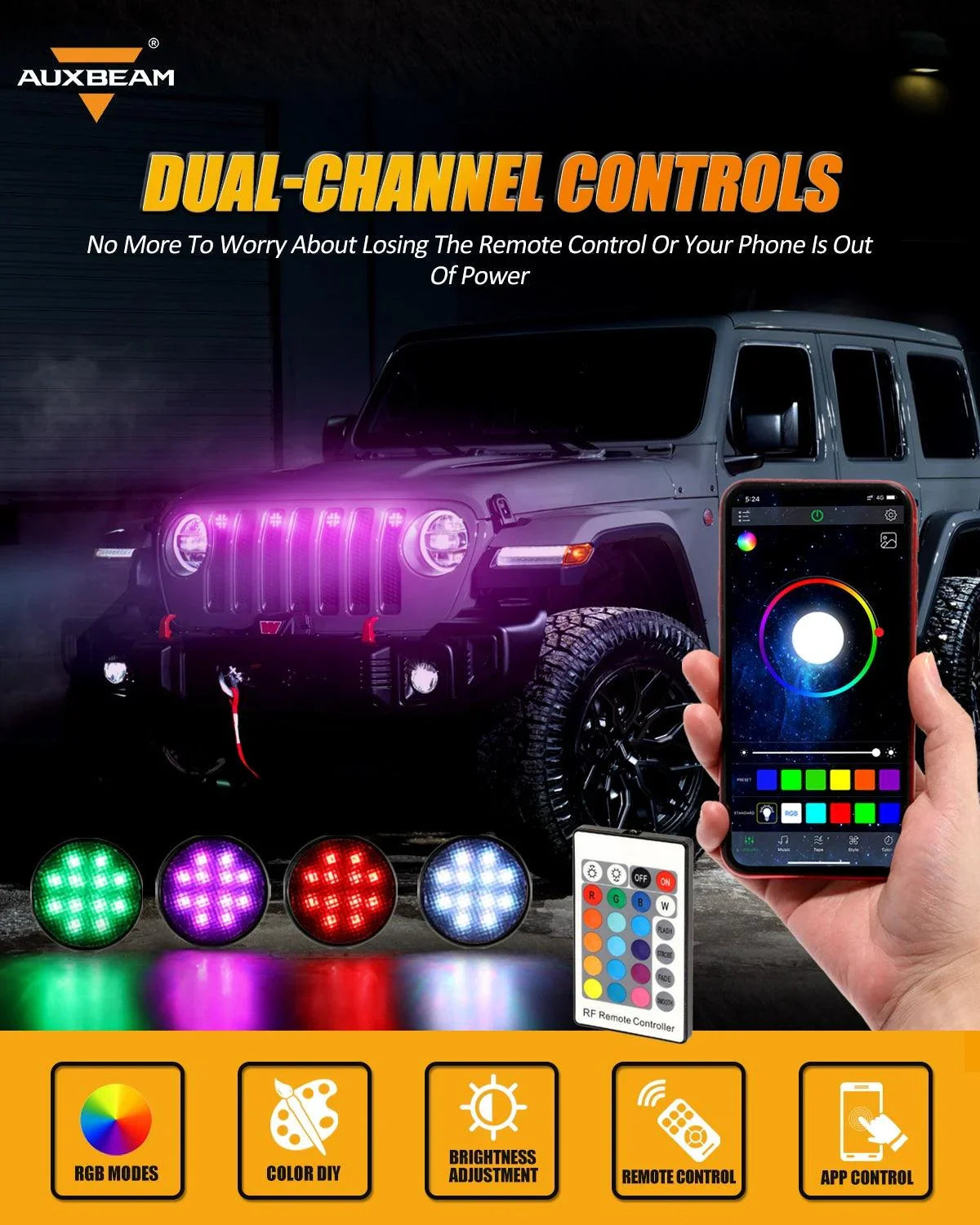 (4pcs/set) RGBW Neon LED Front Grille Lights avec Wireless RF Remote Controller, Smartphone Bluetooth Controlled APP Compati…