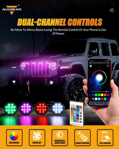 Lot de 4 RGBW Neon LED avant feux de calandre avec sans fil RF télécommande, Smartphone commande Bluetooth APP pour 2007–2017