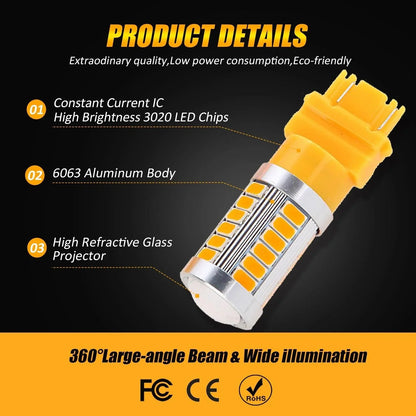T25 3157 3156 Ampoules LED pour clignotants avant/arrière et feux latéraux 20W 4000LM 3500K orange 33LED série – 2 ampoules