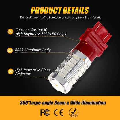 T25 3157 3156 Ampoules LED pour feux stop et arrière 20W 4000LM rouge 33LED série – 2 ampoules – vue 10 – NOVADOMIO