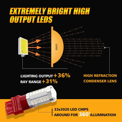 T25 3157 3156 Ampoules LED pour feux stop et arrière 20W 4000LM rouge 33LED série – 2 ampoules – vue 8 – NOVADOMIO