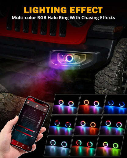 Upgraded 4″ LED antibrouillards avec RGB anneau Halo & clignotant, Bluetooth commande pour Jeep Wrangler JK/JL 2018–2024
