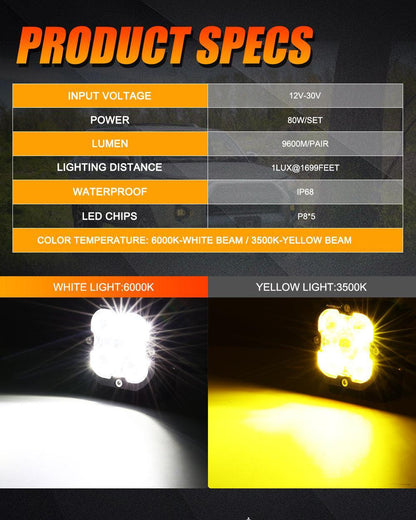 3″ 80 W 9 600 lm LED antibrouillards Kit blanc/jaune Beam pour 2012–2022 Toyota Tacoma/ 2010–2022 Toyota 4Runner / 2014–2022