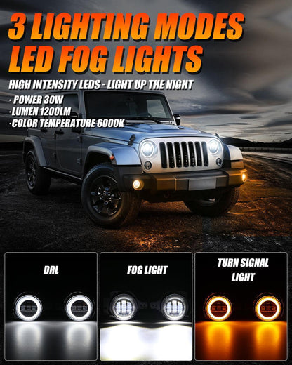 9″ LED Halo phares & 4″ 30 W LED antibrouillards avec blanc DRL+orange clignotant pour Jeep Wrangler JL 2018–2020 – vue 3