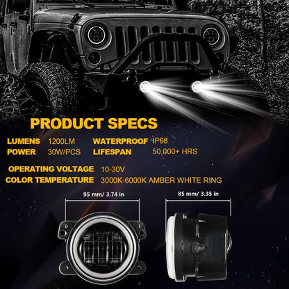 Lot de 2 4″ LED antibrouillards avec DRL & orange clignotant pour Jeep Wrangler JK 2007–2017 avant pare-chocs Lamp – vue 3