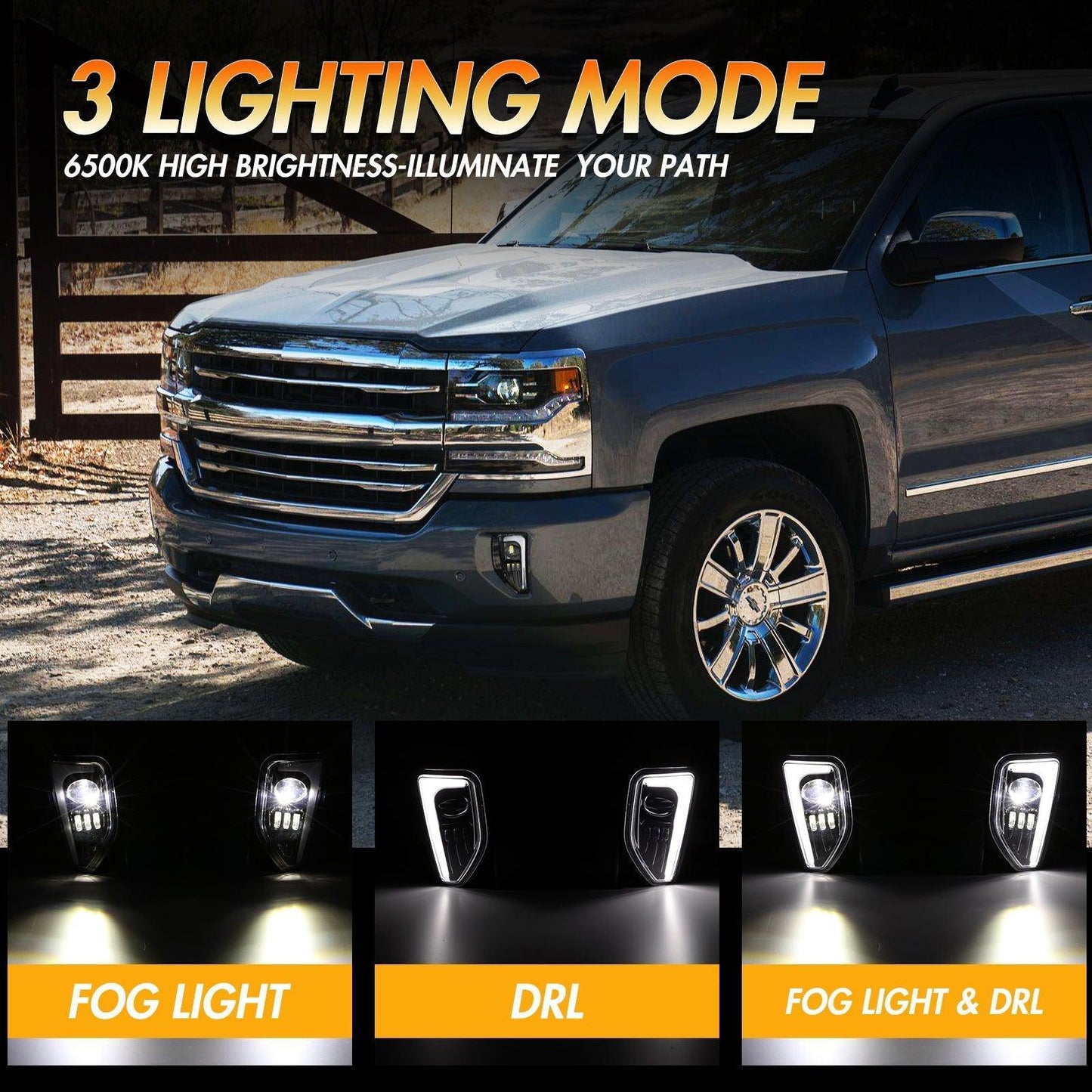 (2pcs/set) 45W DOT Approved LED Fog Lights avec DRL pour 2016-2018 Chevy Silverado 1500 (noir/Chrome) – vue 3