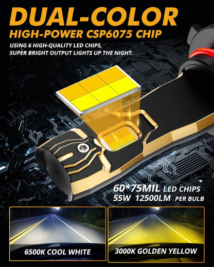 9005/HB3 Ampoules LED antibrouillard / feux de croisement 110W 25000LM GX Bi-Color série haute puissance et forte luminosité