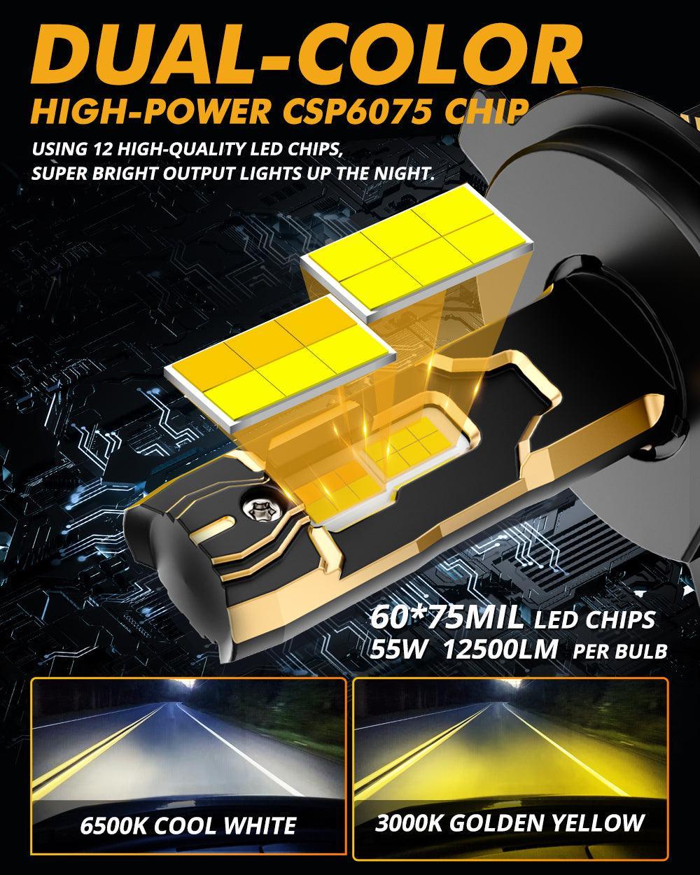 H4 Ampoules de phare LED 110W 25000LM GX Bi-Color série High Power & Brightness bicolore à commutation – 2 ampoules – vue 2