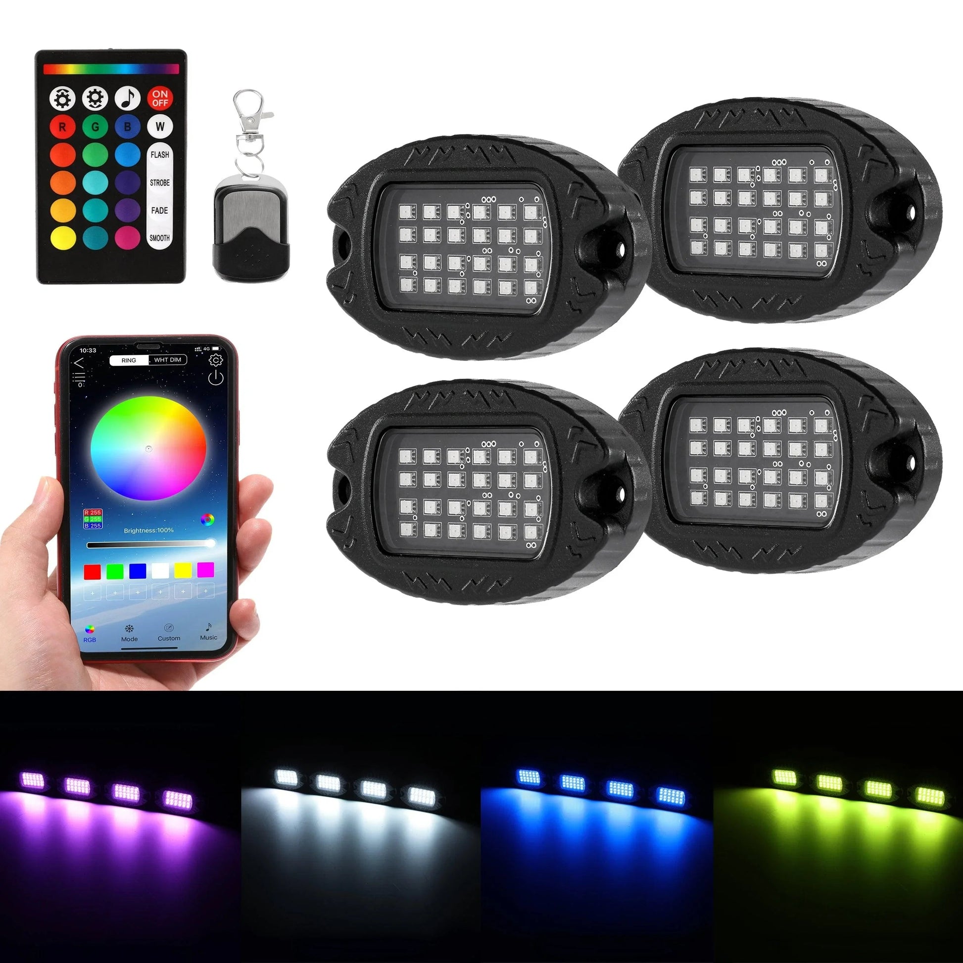 RGBW LED Rock Lights Kit avec Bluetooth APP & Télécommande sans fil, Multicolor Neon Underglow Lights avec Brake Light funct…