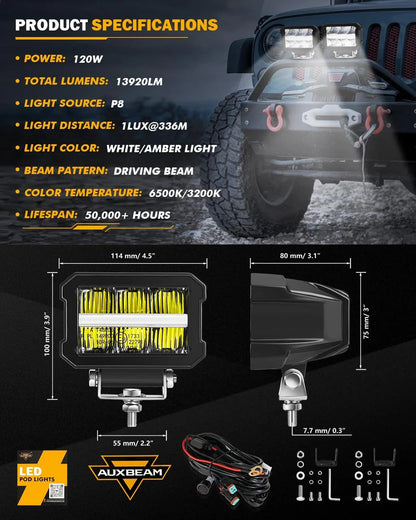 4.5″ 120 W 13 920 lm projecteurs LED compacts avec blanc DRL & orange clignotant tout-terrain feu longue portée – vue 7