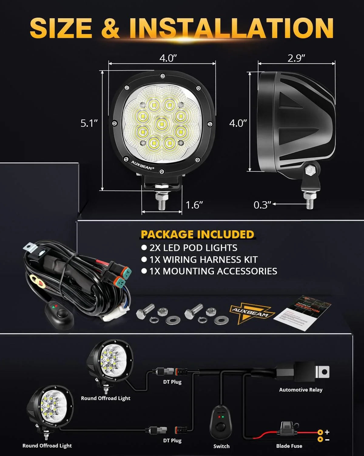 P4 série | 4 Inch 90W 9000LM Round LED Driving Lights Flood blanc Pod Lights – vue 4