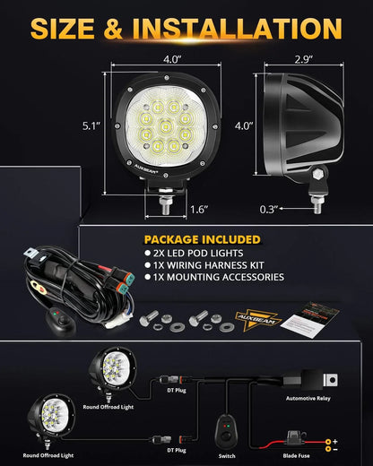 P4 série | 4″ 90 W 9 000 lm rond LED feux longue portée Flood blanc projecteurs LED compacts – vue 4 – NOVADOMIO