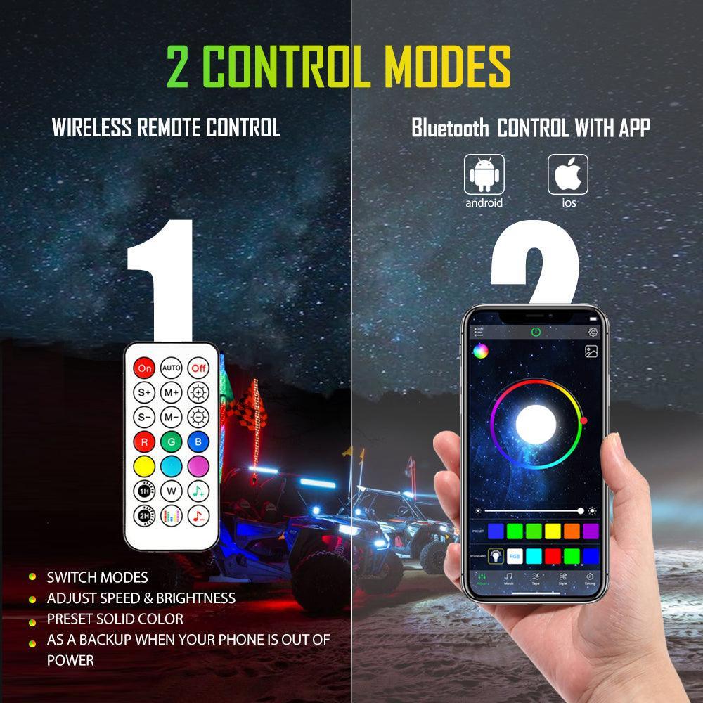 (2pcs/set) 3FT/4FT LED RGB Whip Lights avec clignotant & Brake Light, Bluetooth APP/ Remote Control – vue 3