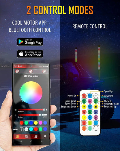 New 2.2FT LED RGB fouets LED avec clignotant & feu stop, Bluetooth APP/ télécommande – vue 3 – NOVADOMIO