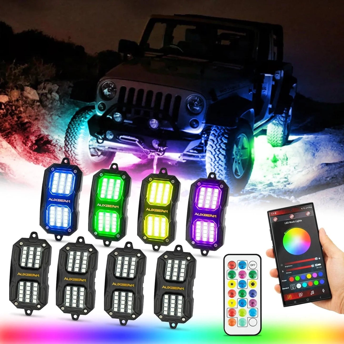 NEW Vibrant série | 8PCS RGB LED Rock Lights Kit Multicolor Neon Underglow Lights avec Bluetooth APP & Remote Control