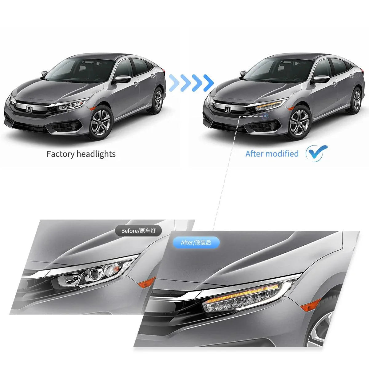 LED bloc optique avant Reflection Bowl Chrome pour 2016-2021 Honda Civic 10th Gen (FC/FK) – vue 8